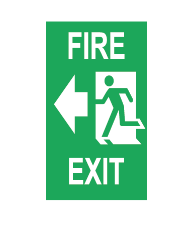 FIRE EXIT WITH ARROW POINTING LEFT AND RUNNING MAN