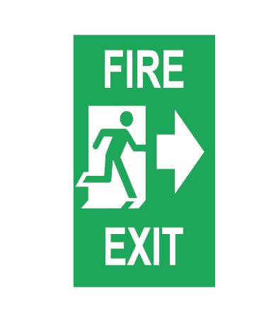 FIRE EXIT WITH ARROW POINTING RIGHT AND RUNNING MAN